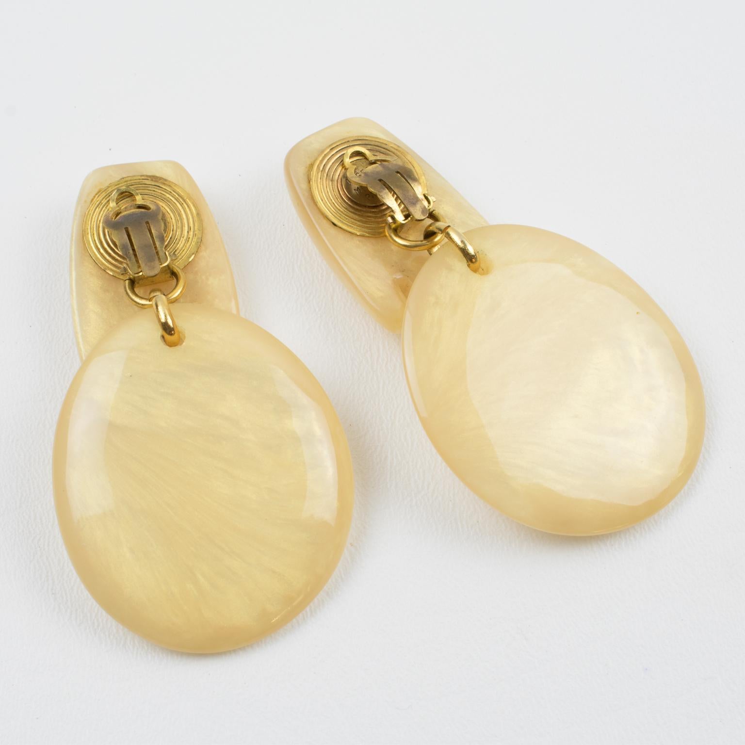Women's or Men's Migeon and Migeon Paris Yellow Pearlized Resin Dangle Clip Earrings For Sale