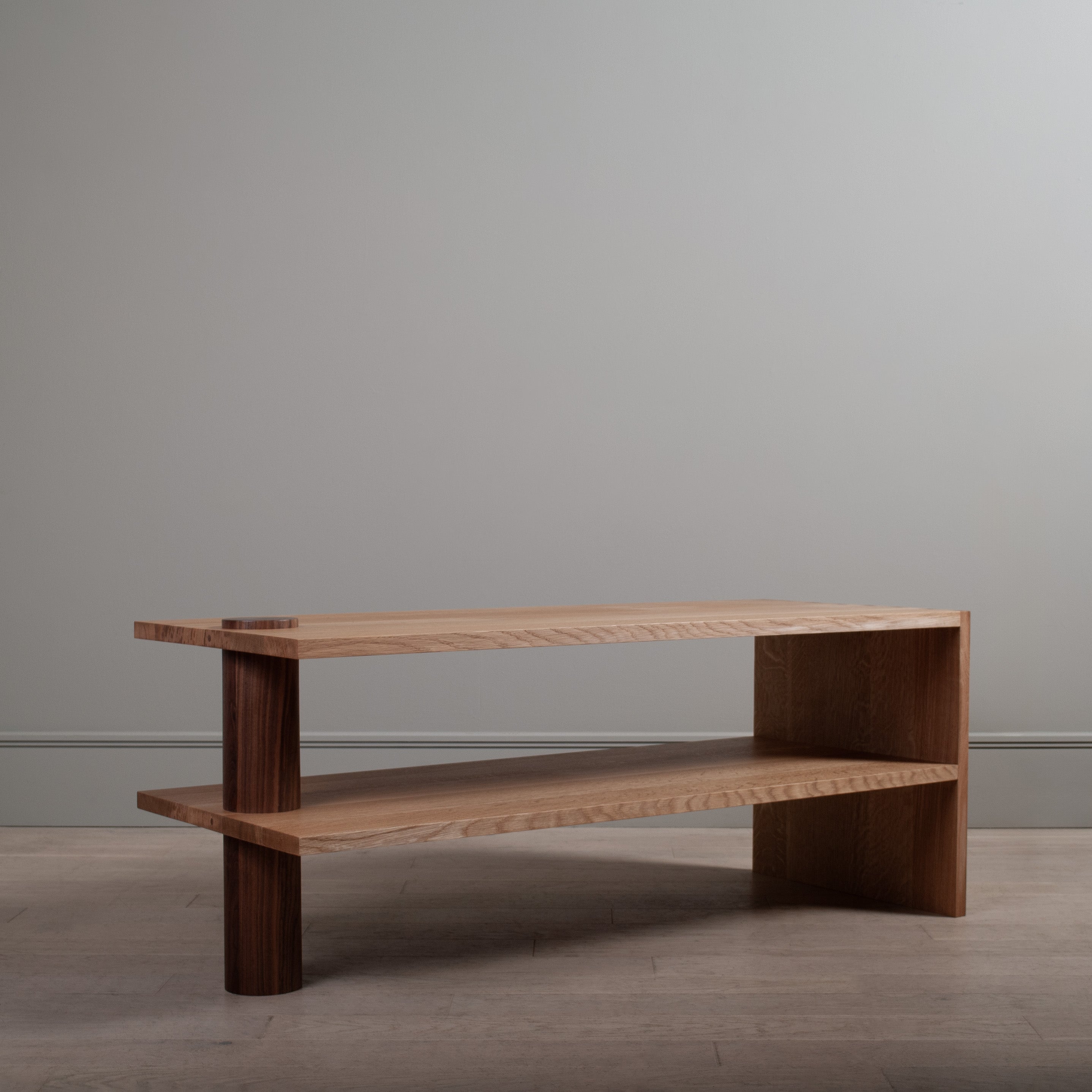 Hand-Crafted Mighty Architectural Oak & Walnut Low Console Table For Sale