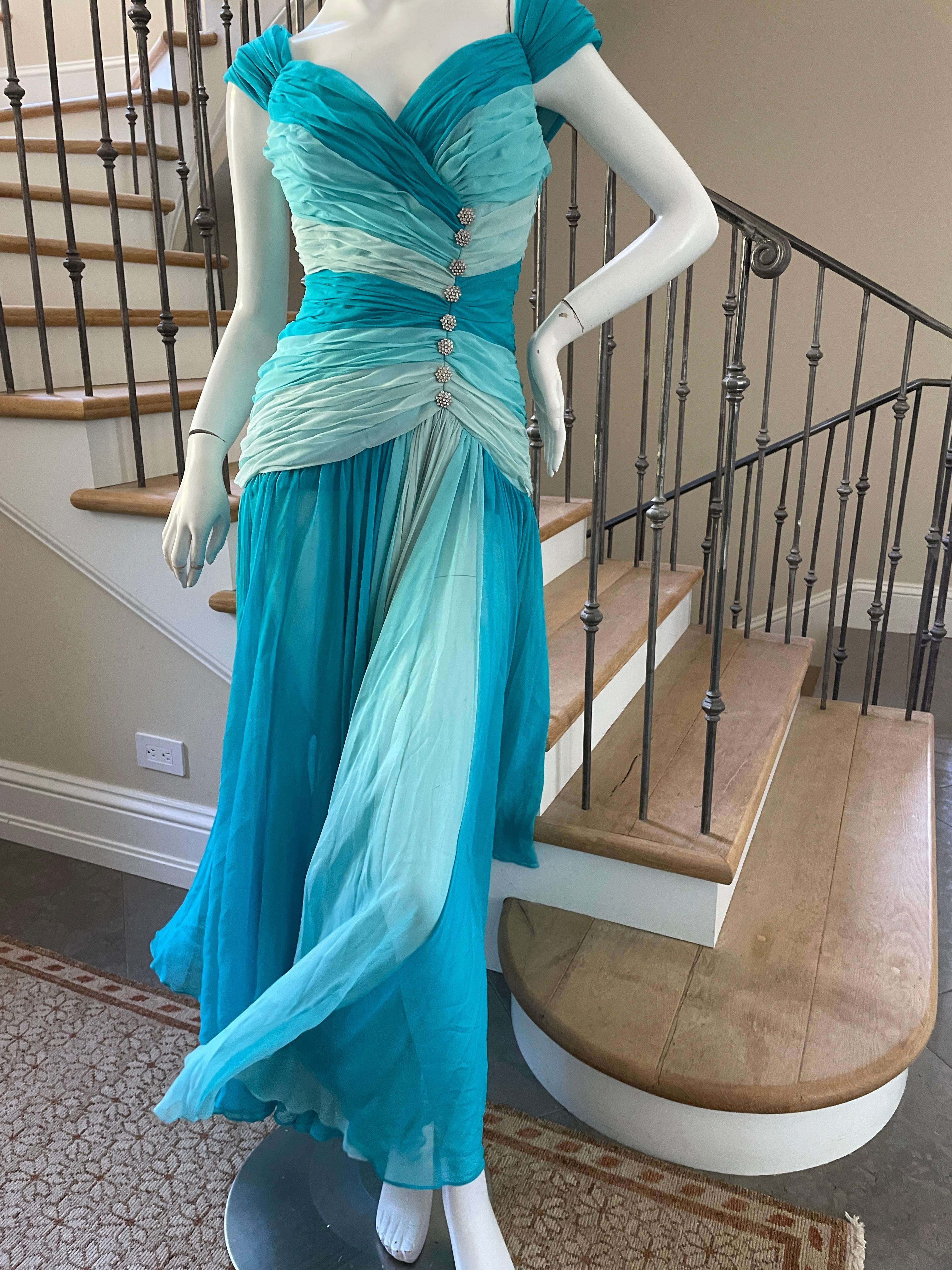 Mignon Vintage 1980's Ombre Blue Evening Dress with Rhinestone Crystal Buttons In Excellent Condition For Sale In Cloverdale, CA