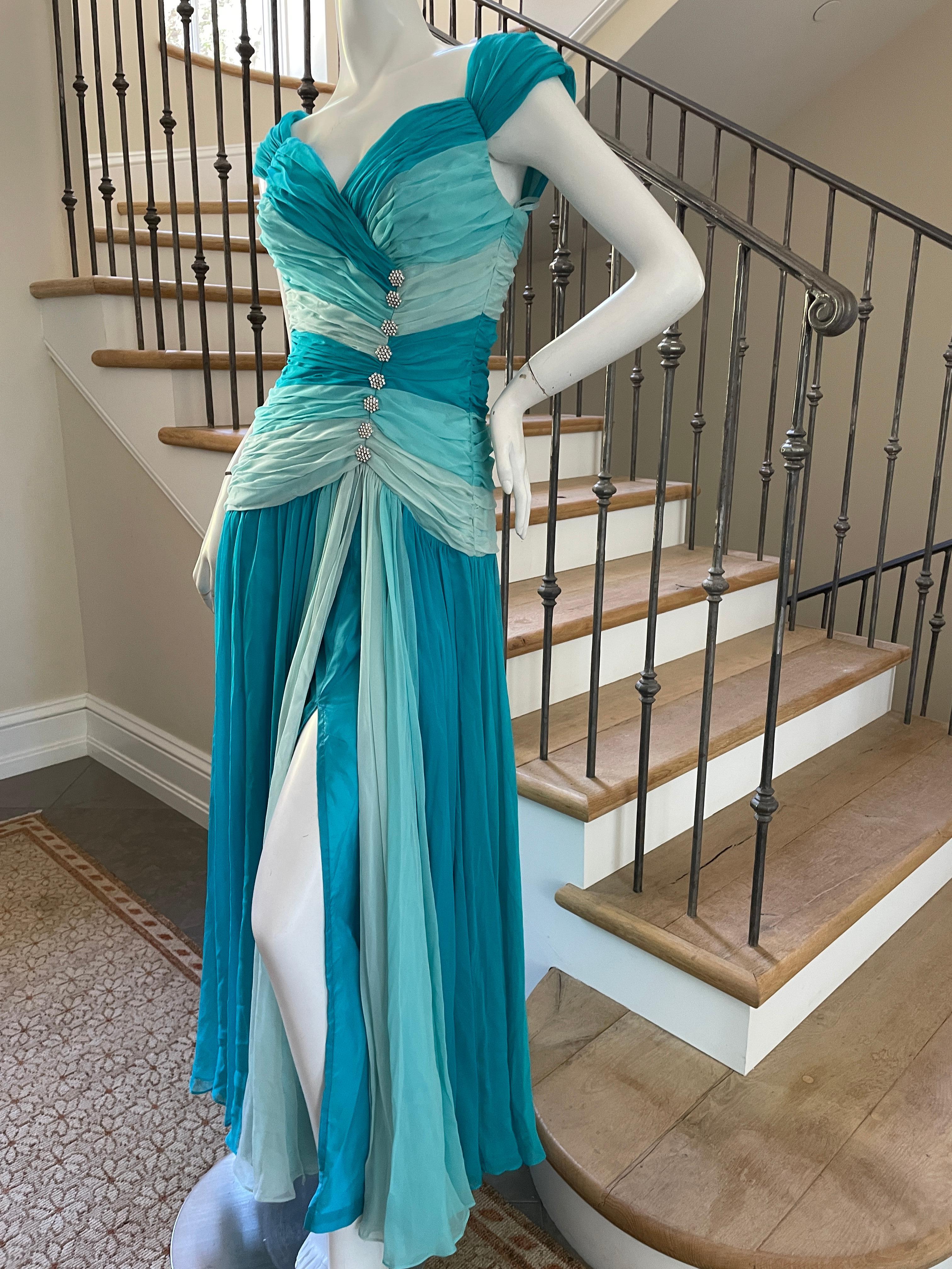 Women's Mignon Vintage 1980's Ombre Blue Evening Dress with Rhinestone Crystal Buttons For Sale