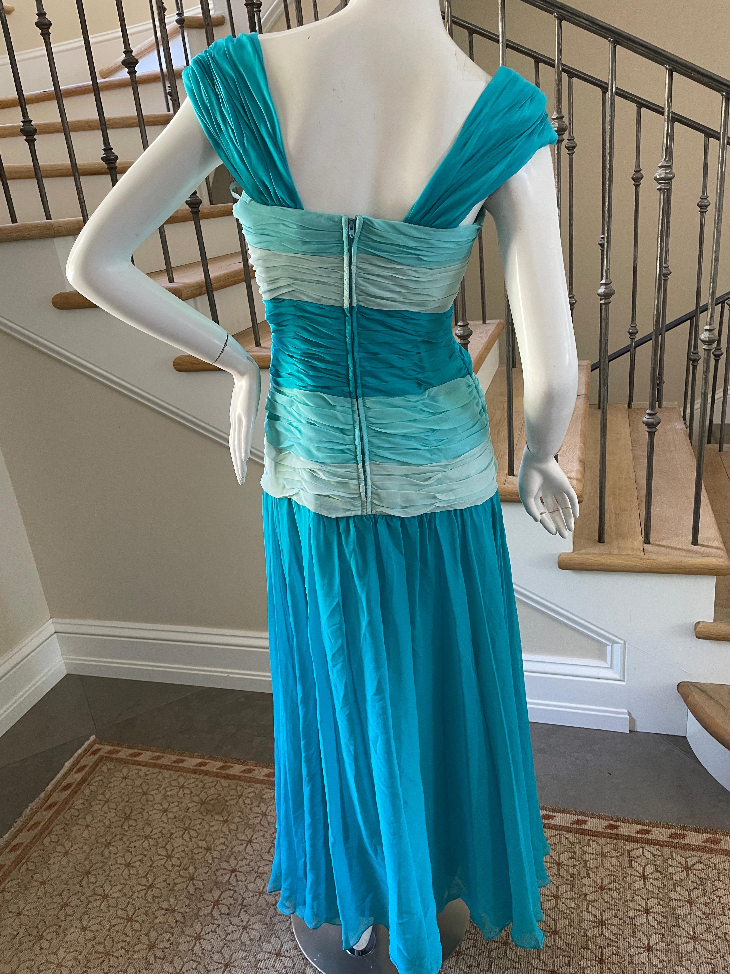 Mignon Vintage 1980's Ombre Blue Evening Dress with Rhinestone Crystal Buttons For Sale 2