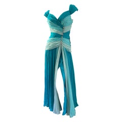 Mignon Vintage 1980's Ombre Blue Evening Dress with Rhinestone Crystal Buttons