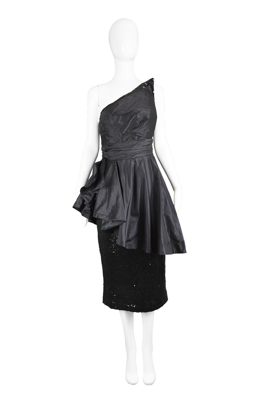 Mignon Vintage Black Sequin Silk Asymmetrical Origami One Shoulder Cocktail Party Dress, 1980s

Estimated Size: UK 6-8/ US 2-4/ EU 34-36. Please check measurements.
Bust - 32” / 81cm
Waist - 25” / 63cm
Hips - 36” / 91cm
Length (Bust to Hem) - 37” /