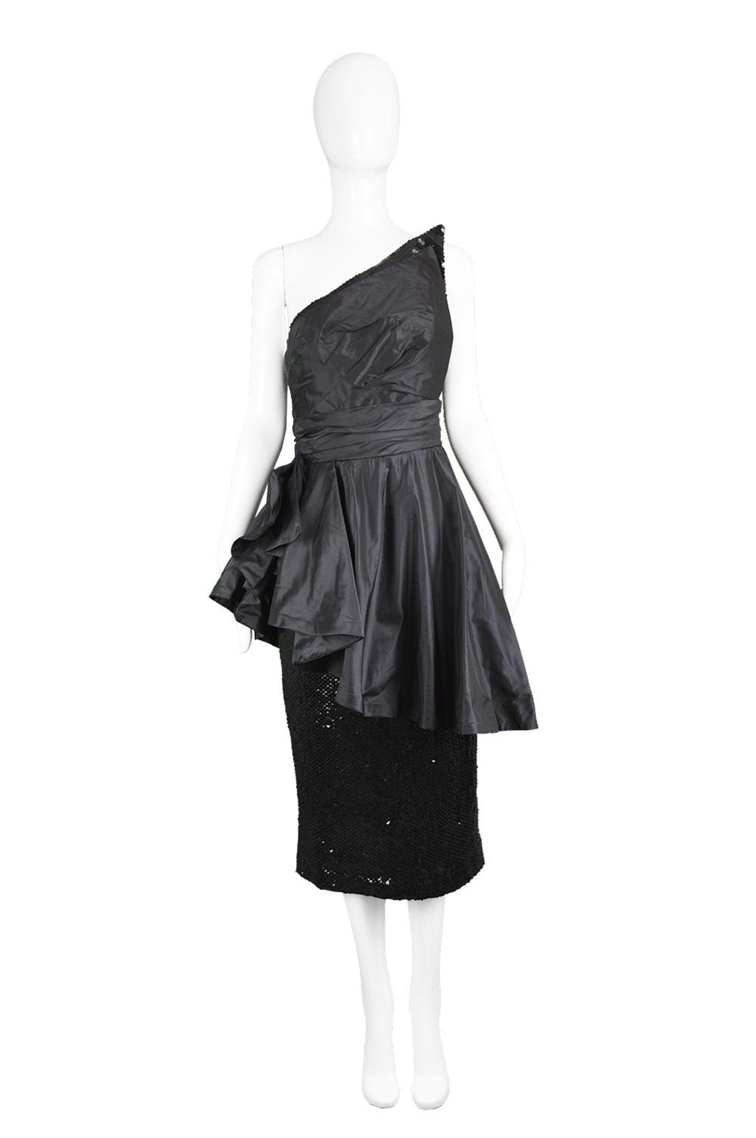 Mignon Vintage Black Sequin Silk Asymmetrical Origami One Shoulder