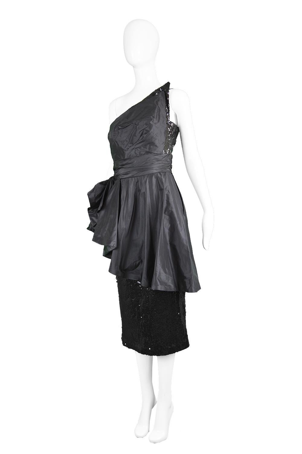 Mignon Vintage Black Sequin Silk Asymmetrical Origami One Shoulder Party Dress For Sale 1