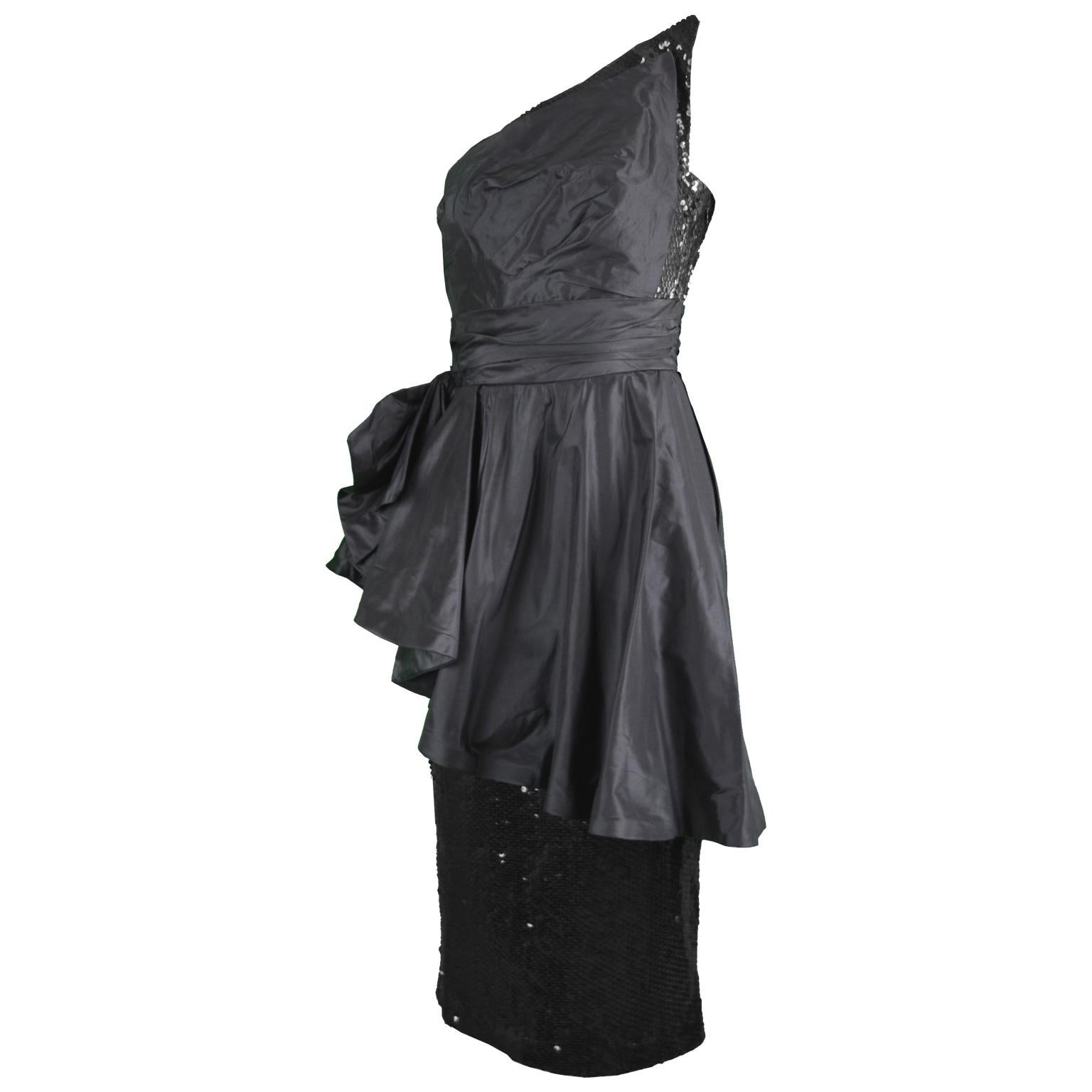 Mignon Vintage Black Sequin Silk Asymmetrical Origami One Shoulder Party Dress