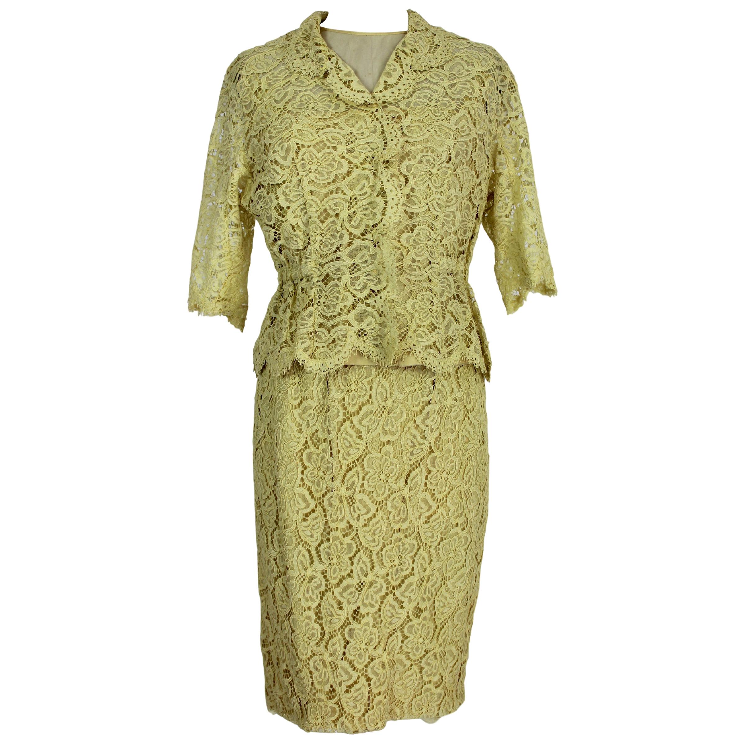 Mignon Yellow Silk Lace Museum Dress Suit Skirt and Jacket 1960s