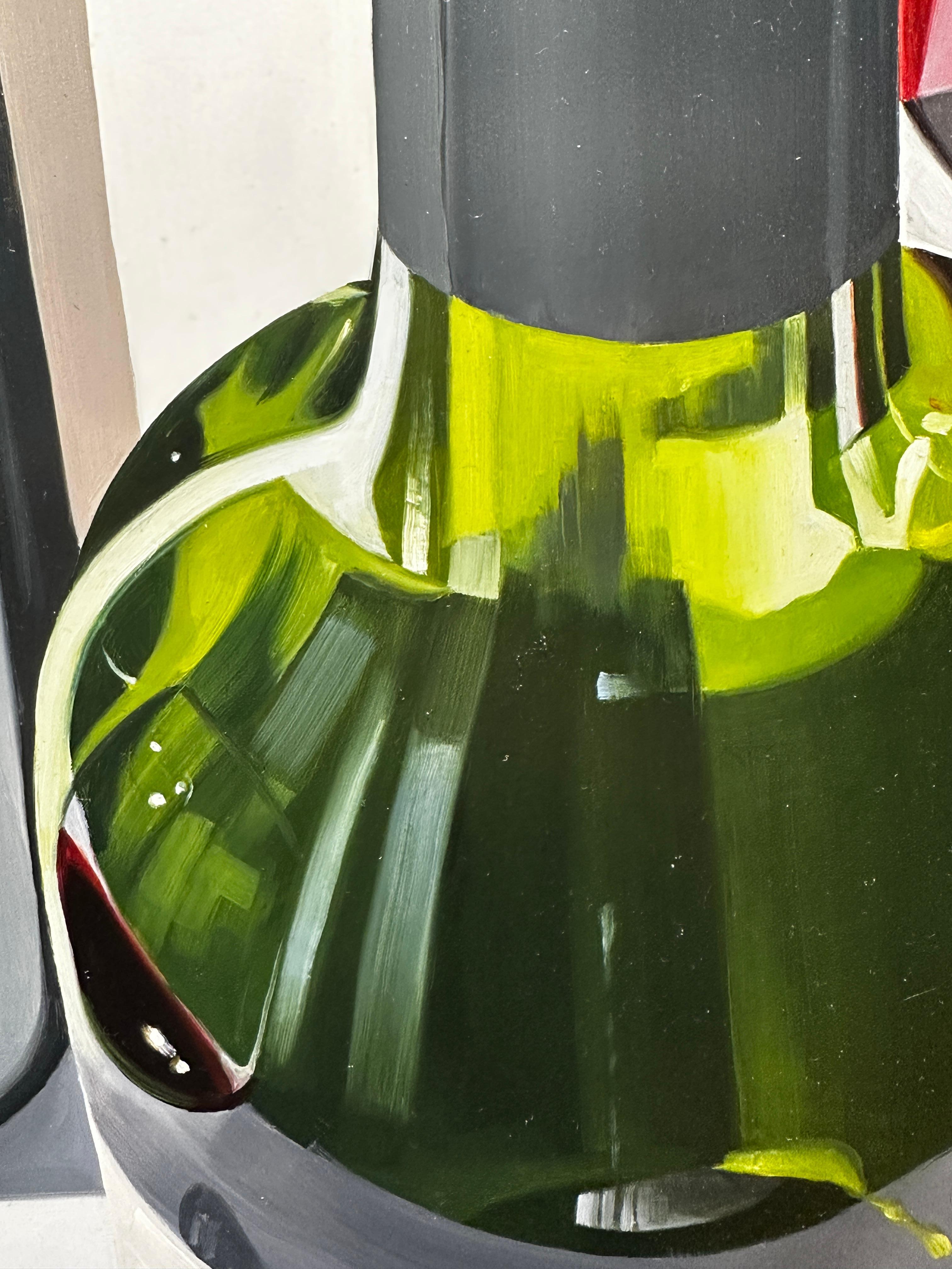 'Un bicchiere o due I' Quadro contemporaneo di natura morta, bottiglia di vino rosso e bicchieri in vendita 1