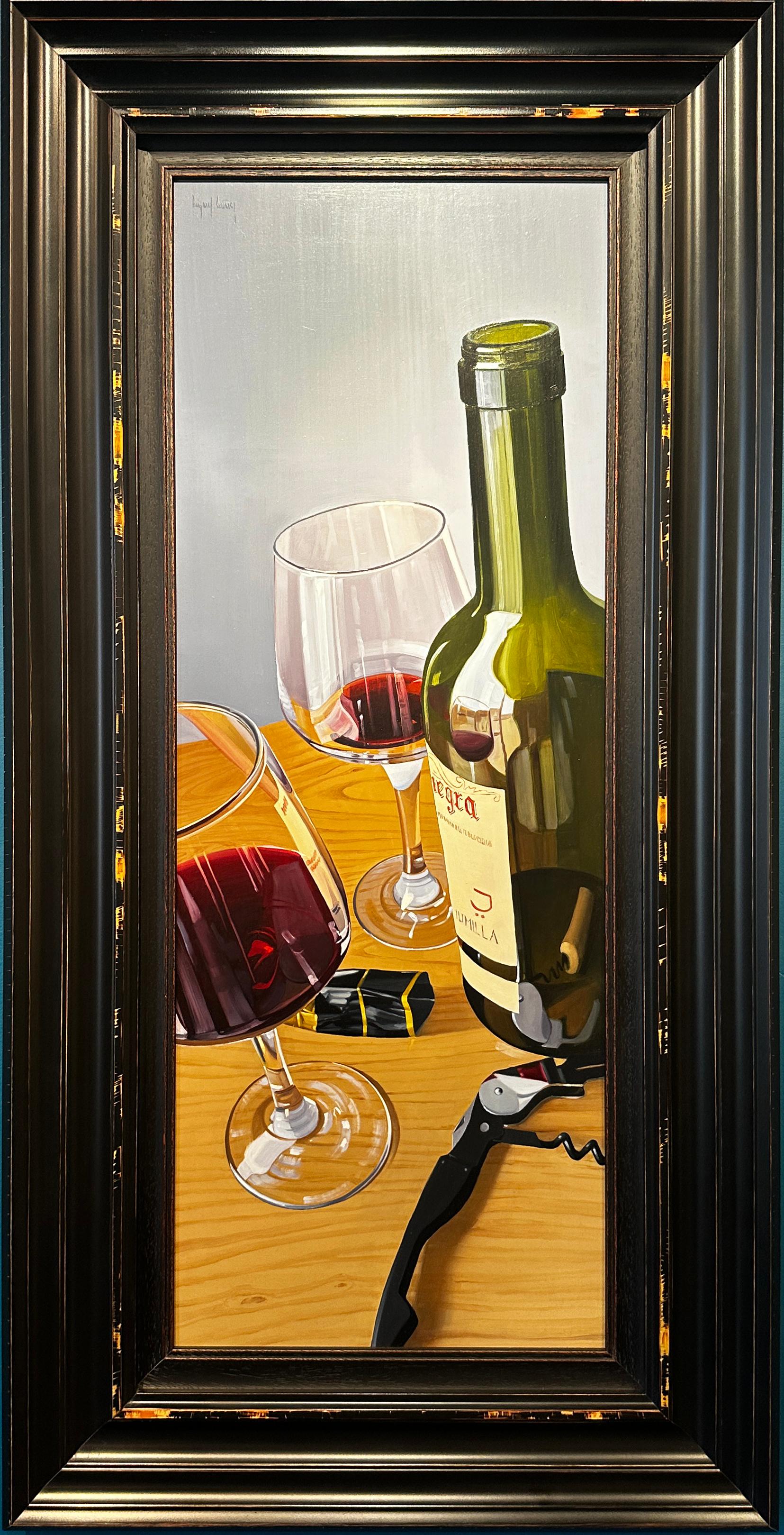 'A Glass or Two II' Contemporary Still Life painting of red wine bottle, glasses - Painting by Miguel Angel Nuñez