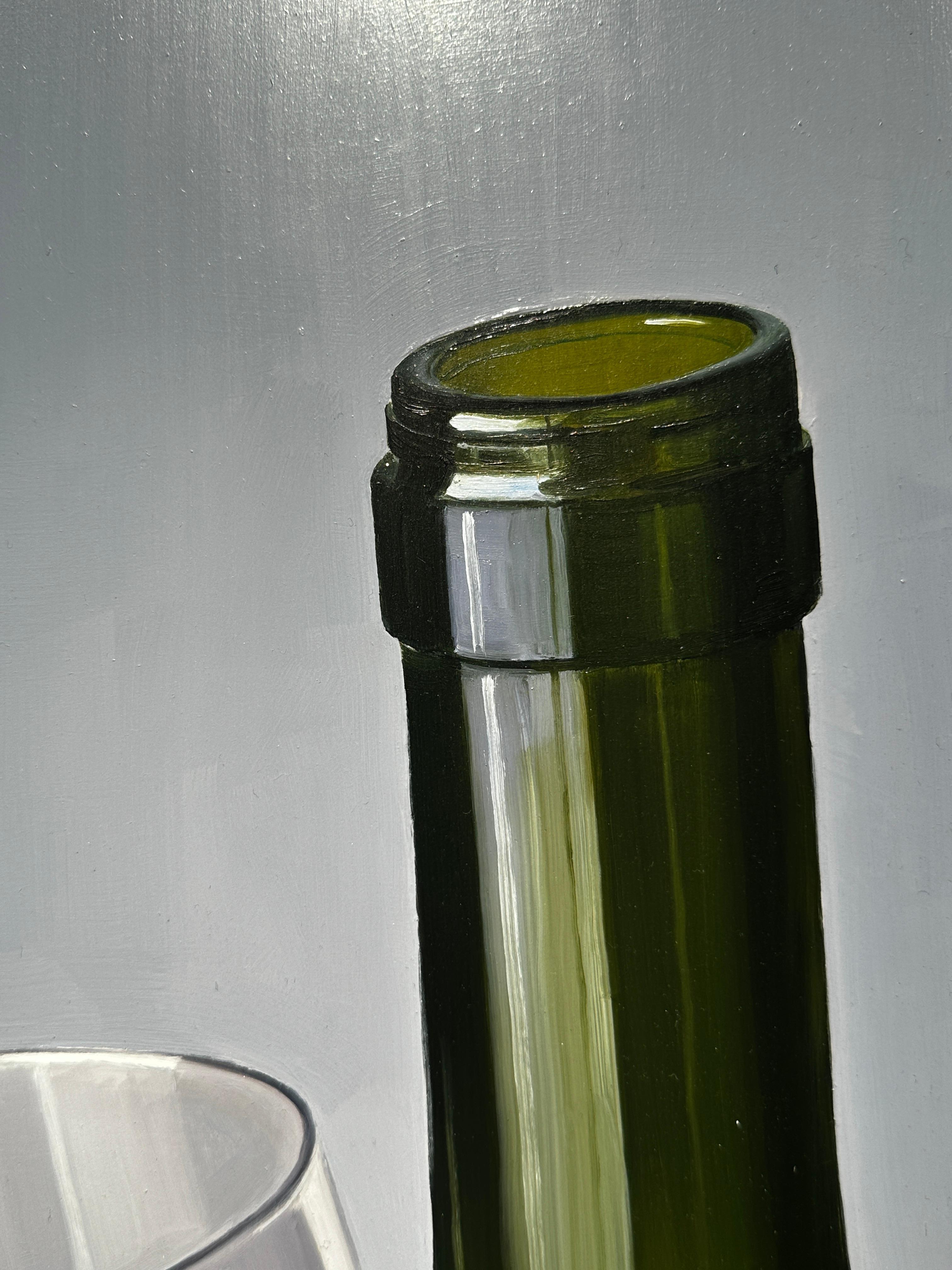 'A Glass or Two II' Contemporary Still Life painting of red wine bottle, glasses - Black Still-Life Painting by Miguel Angel Nuñez