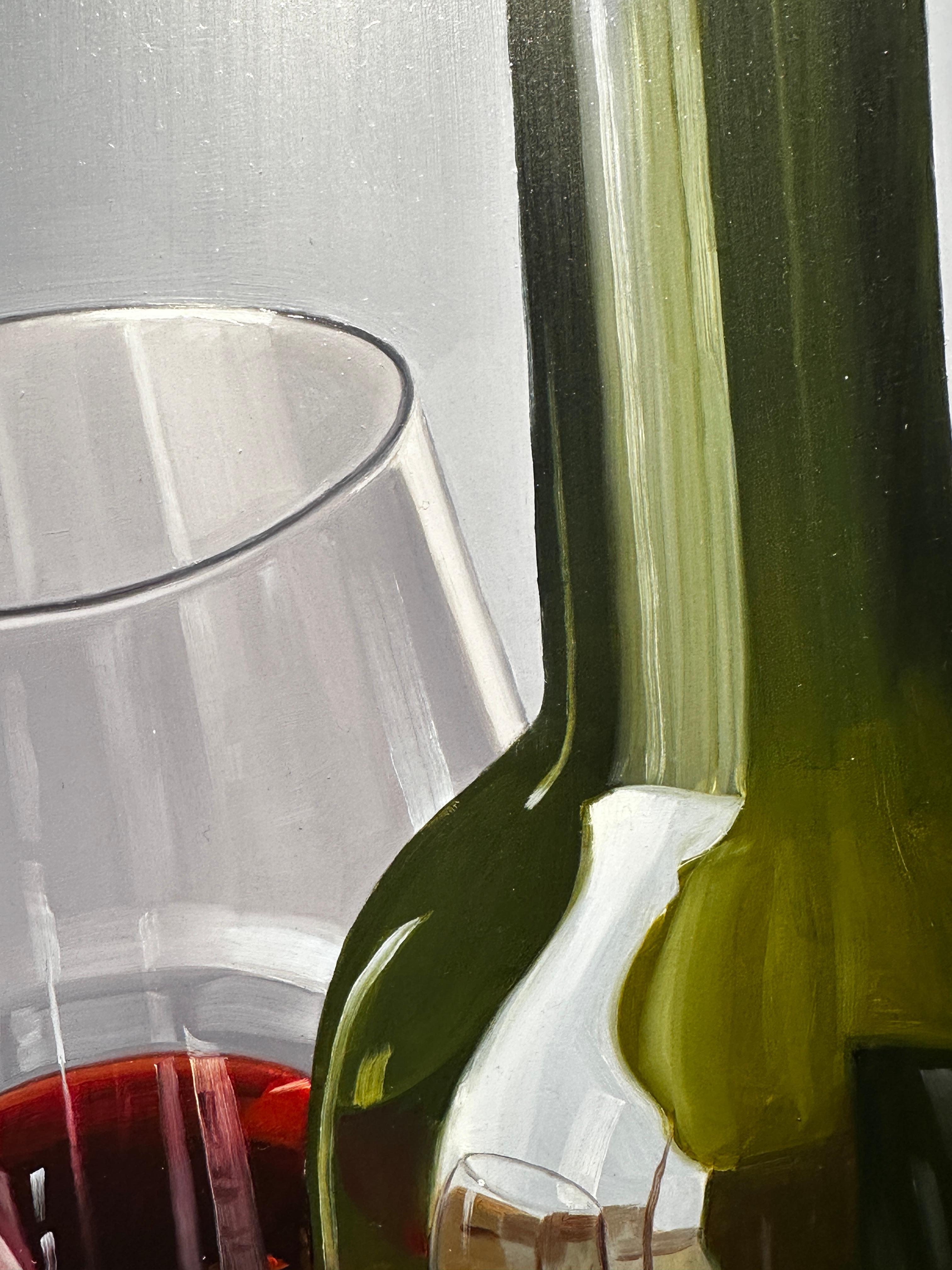 'A Glass or Two II' by Miguel Angel Nunez is an incredible example of the artist being able to capture the stunning details and light with the up most precision. Depicting an open red wine bottle and two glasses. A moment captured in time. 

Through