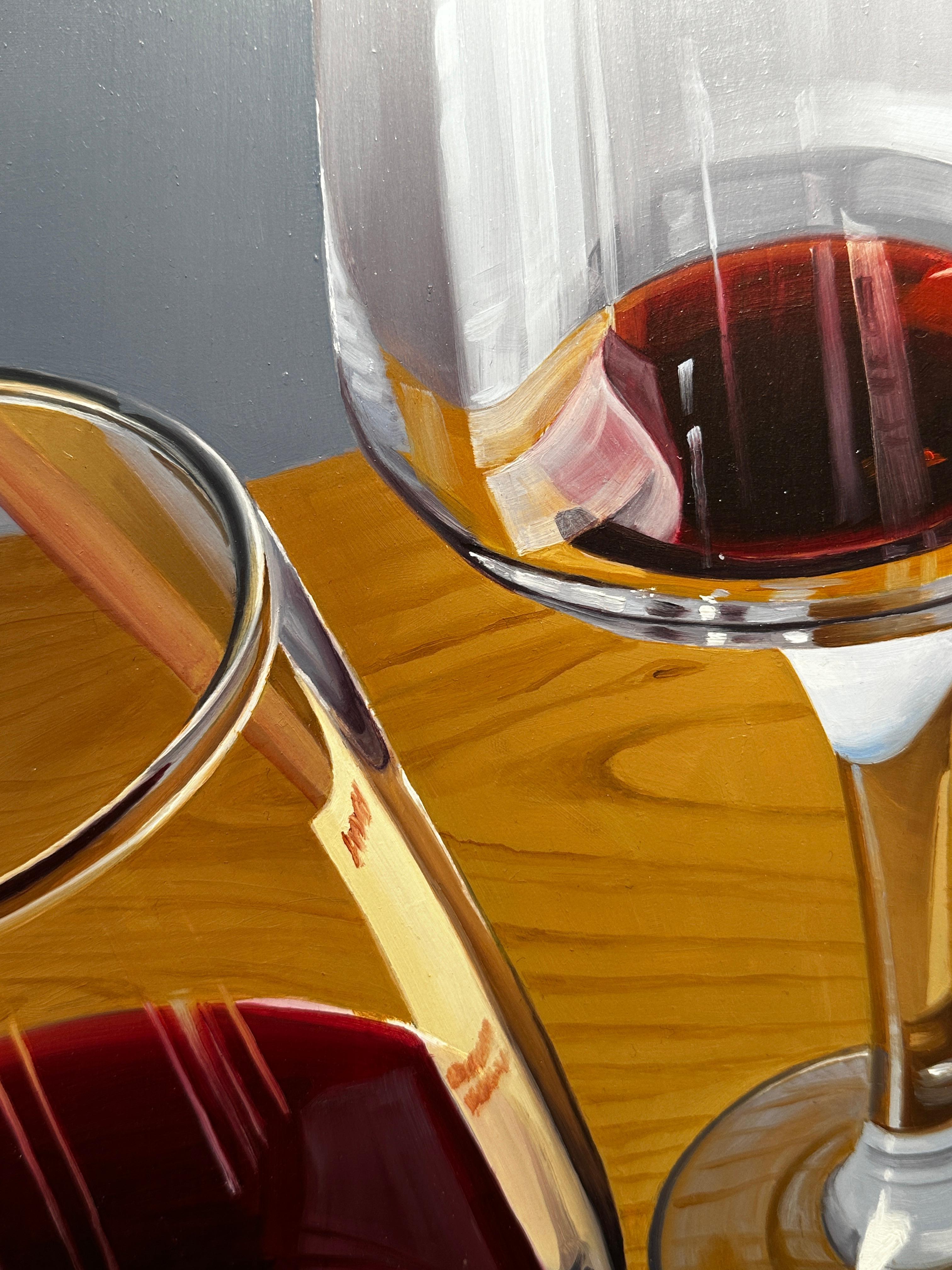 'A Glass or Two II' Contemporary Still Life painting of red wine bottle, glasses For Sale 1
