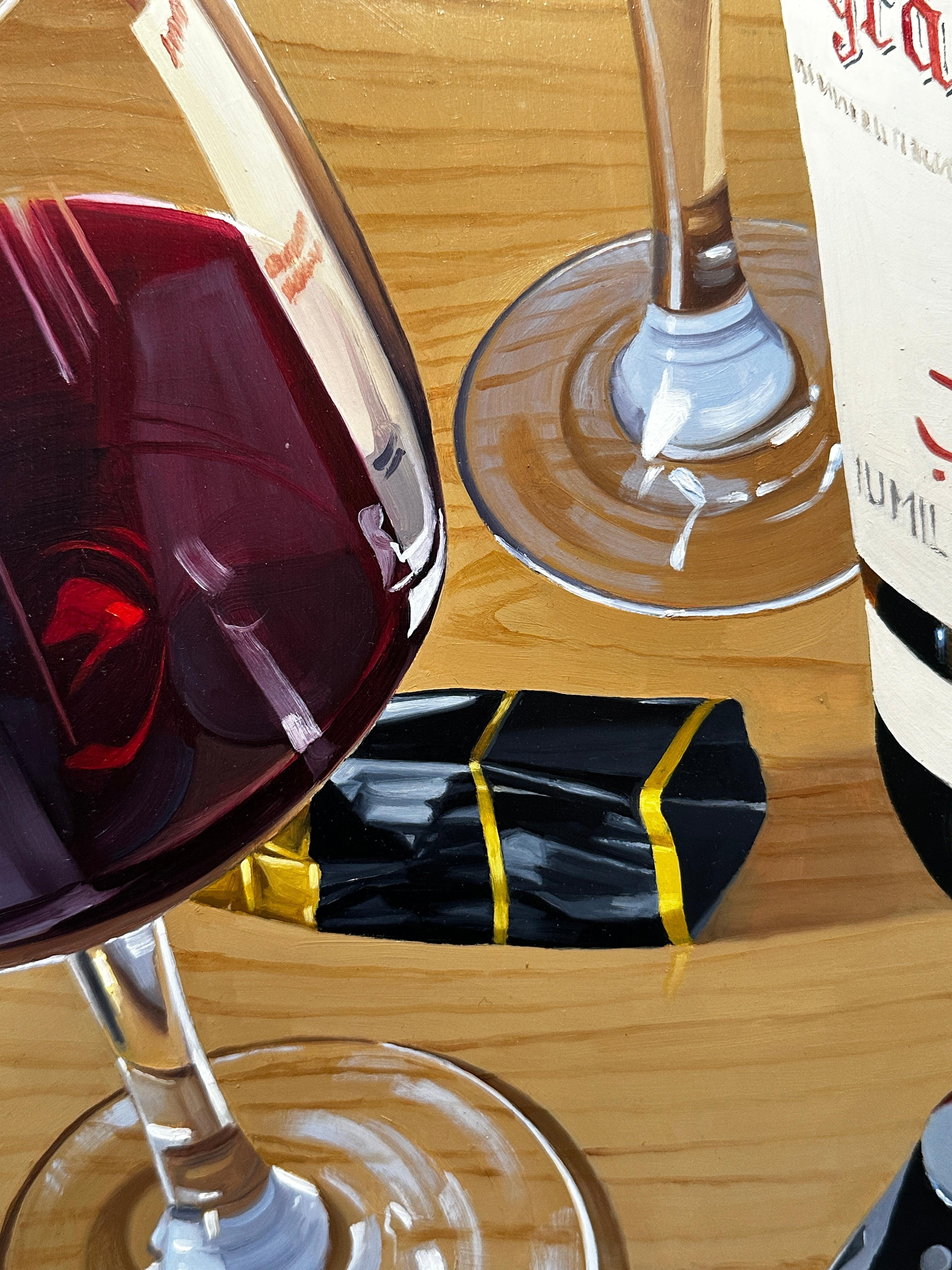 'A Glass or Two II' Contemporary Still Life painting of red wine bottle, glasses For Sale 2