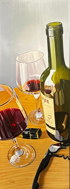 'Una copa o dos II' Cuadro bodegón contemporáneo de botella de vino tinto, copas