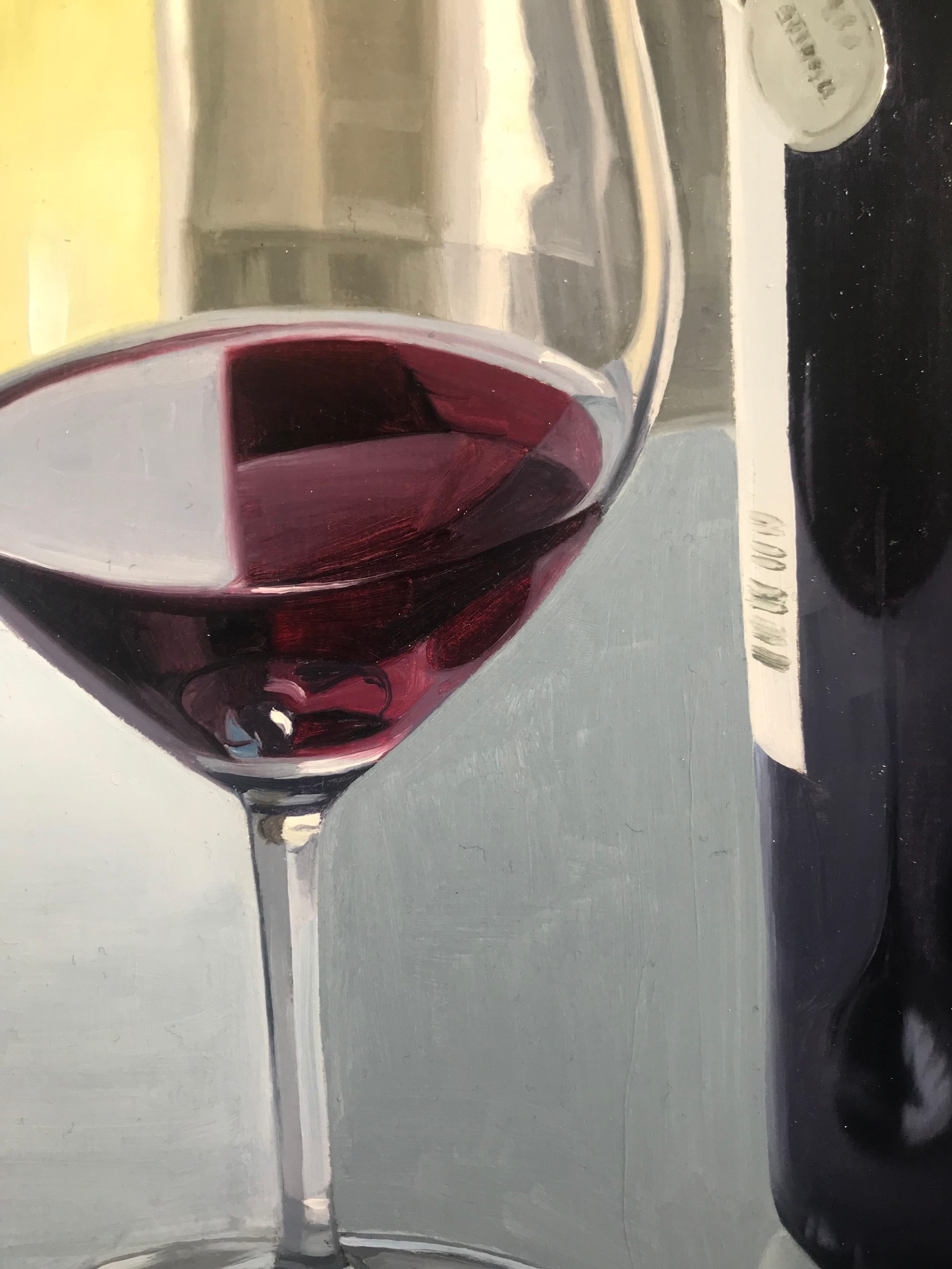 Contemporary Still life 'Fine Wine' of wine bottle, glasses, Bright colours  For Sale 1