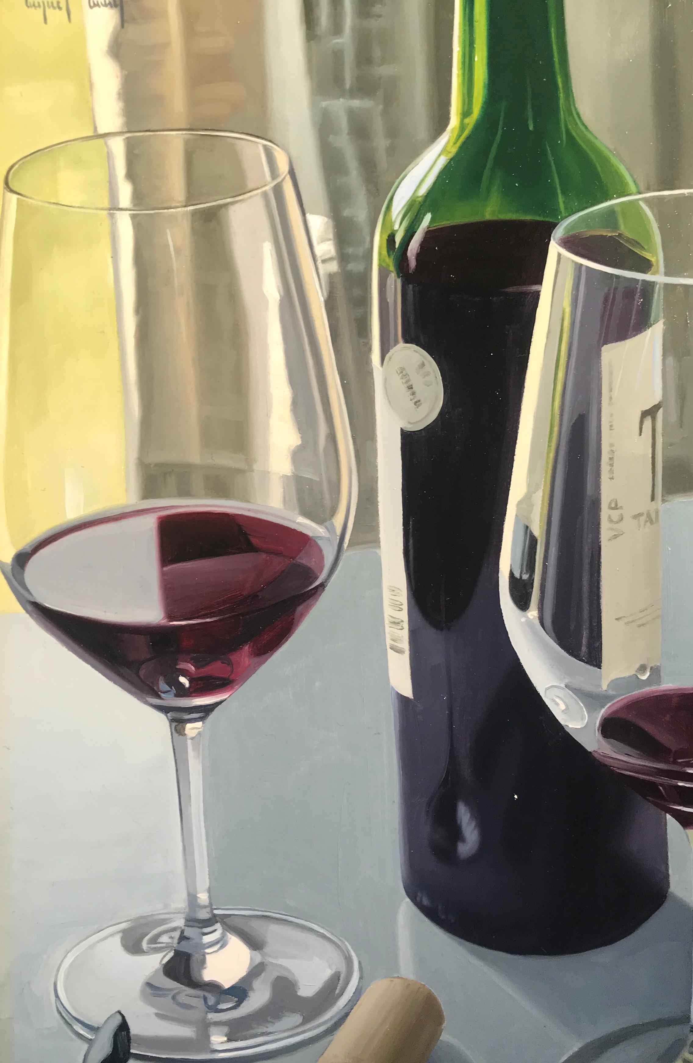 Miguel Angel Nuñez Still-Life Painting - Contemporary Still life 'Fine Wine' of wine bottle, glasses, Bright colours 