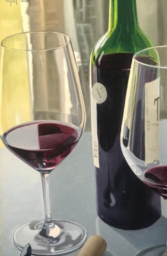 Contemporary Still life 'Fine Wine' of wine bottle, glasses, Bright colours 