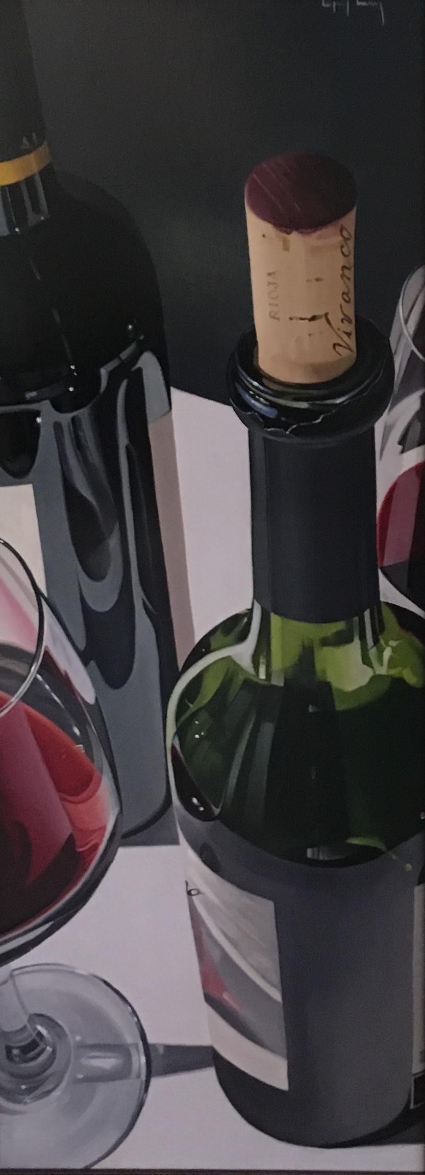 Contemporary still life painting of wine bottles & wine glasses 'A Glass or Two'