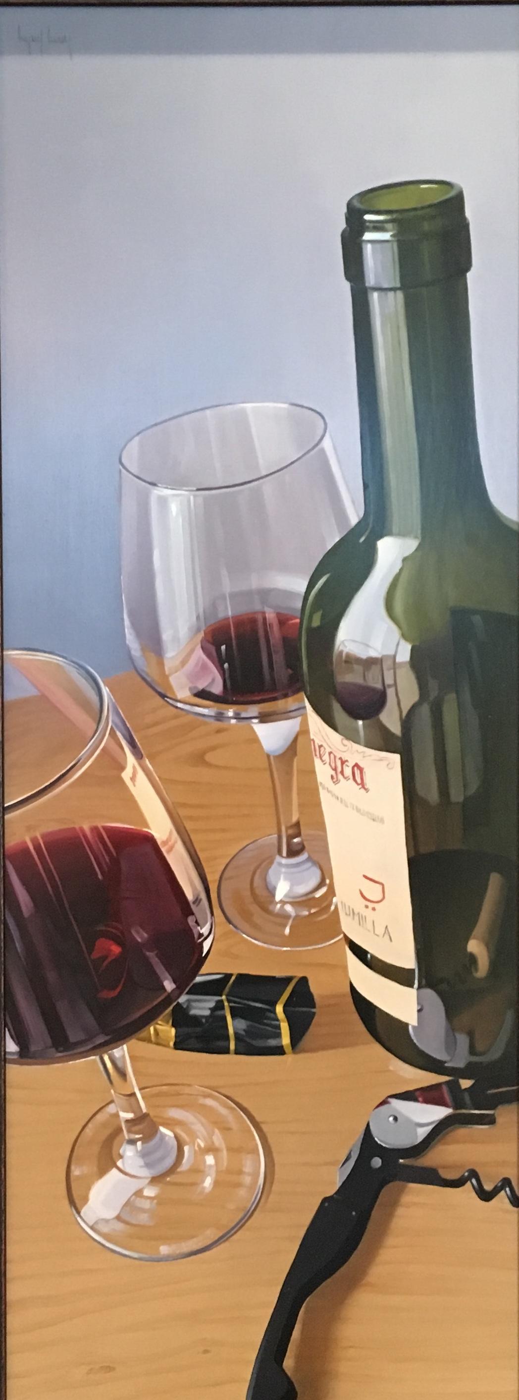 Zeitgenössisches Stillleben mit Weingläsern und Weinflaschen, „Ein Glas oder zwei“