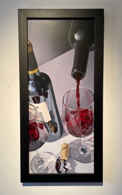 'Tipples' Contemporary Still Life painting of Red Wine, glass and bottle 