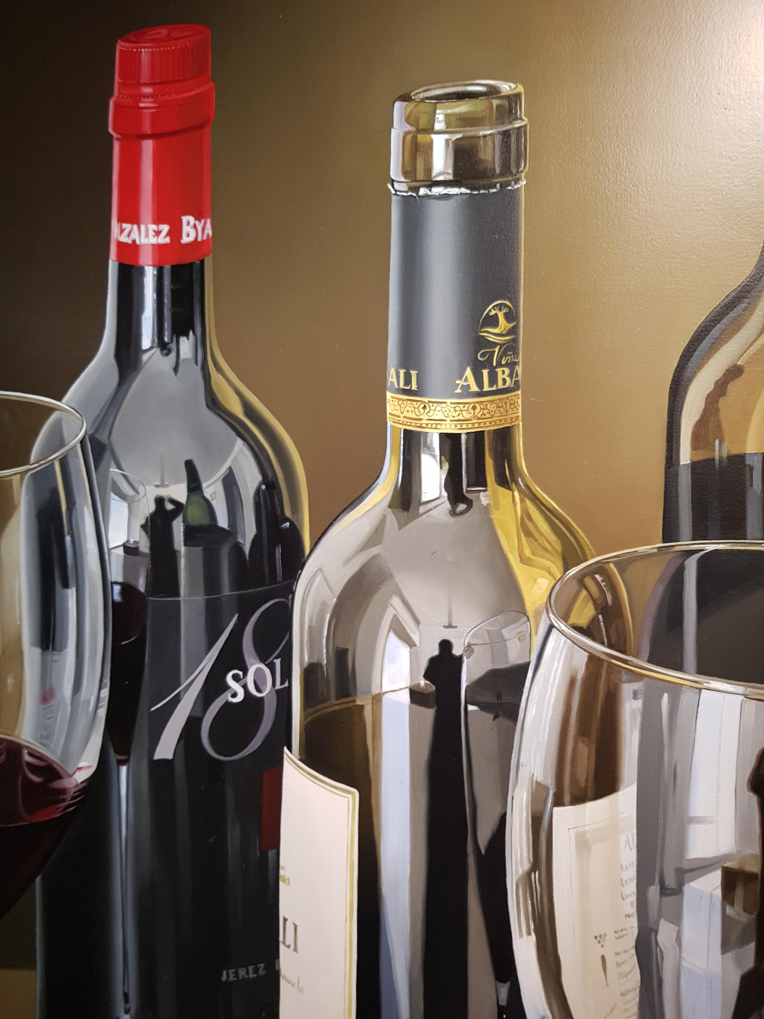  'Wine Reflections' by Miguel Angel Nunez is a Contemporary Photorealist Painting. Miguel A. Nuñez, was born in Maldondo the Republic of Uruguay in 1966. From early childhood Nuñez was fascinated by drawing, which he practised meticulously. 

Such