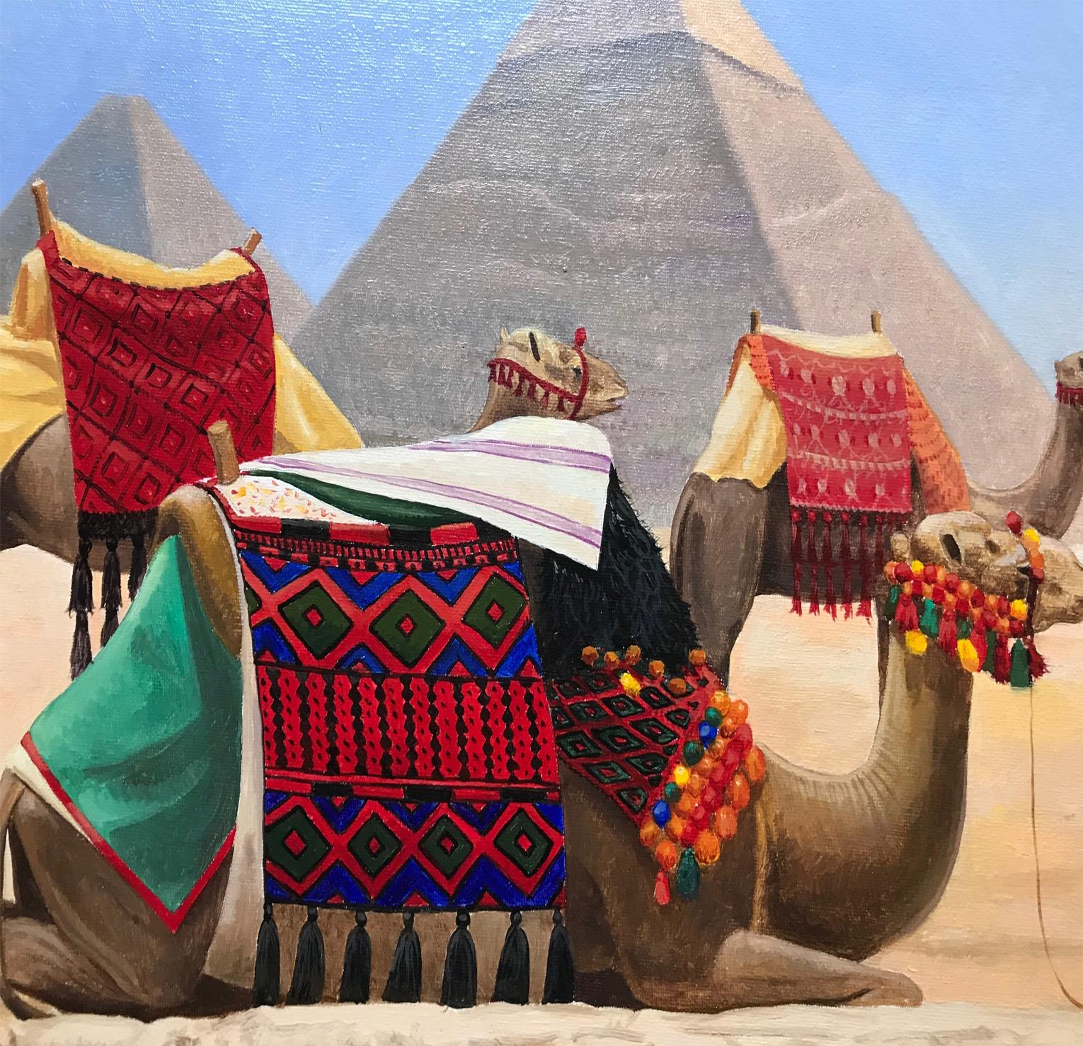 LANDSCAPE - CAMELS IN DESERT - Gray Animal Painting by Miguel Angel