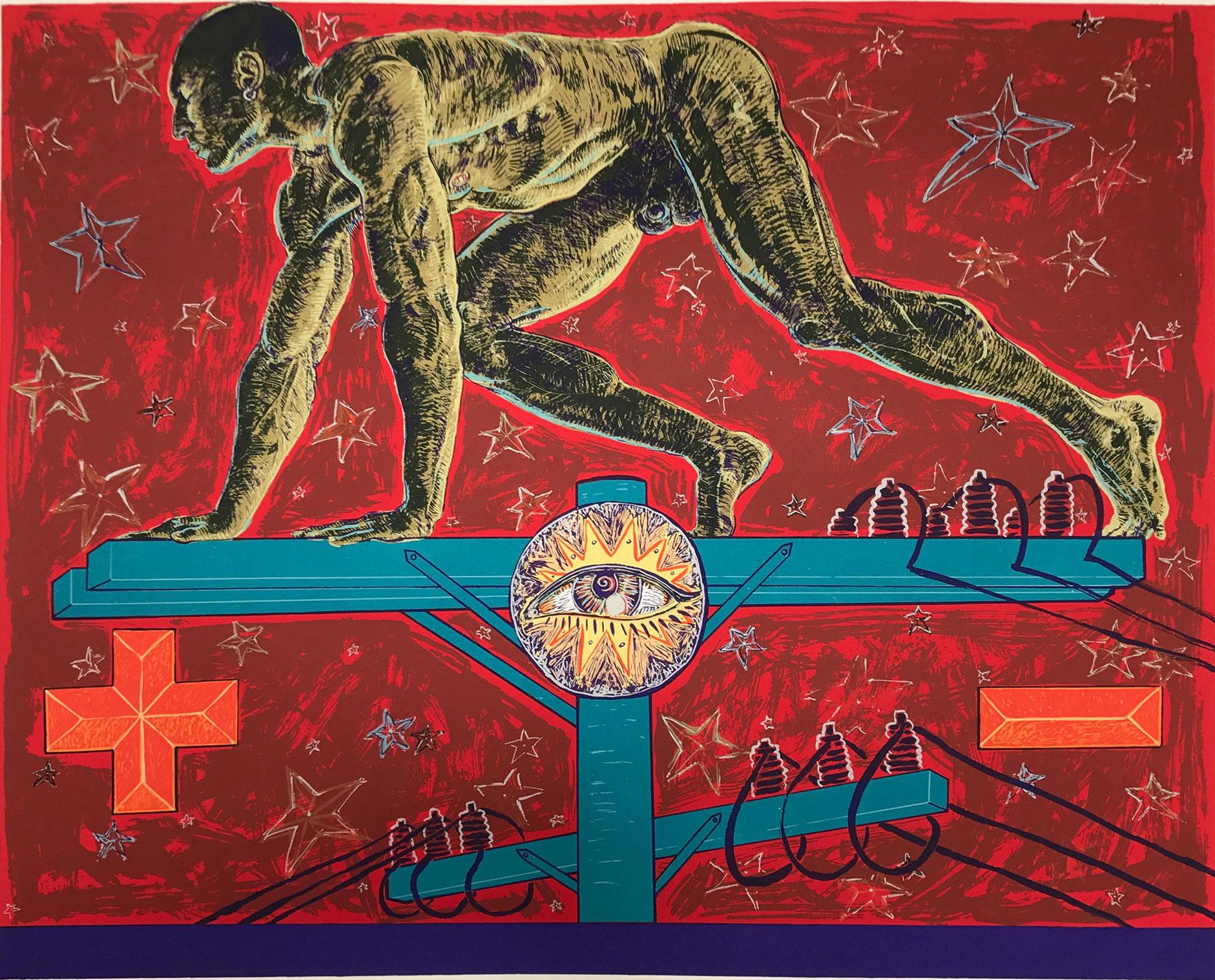 Serigraph of male nude on top of power line,  by gay Chicano artist Miguel Angel Reyes. Signed and numbered,  edition of 61. Image refers to the tensions of being gay and from a traditional Mexican family on one side, and the emerging danger of AIDS