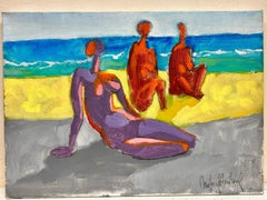 Contemporary Abstract Oil Painting Nude Figures on Sunny Beach, Chilean Artist