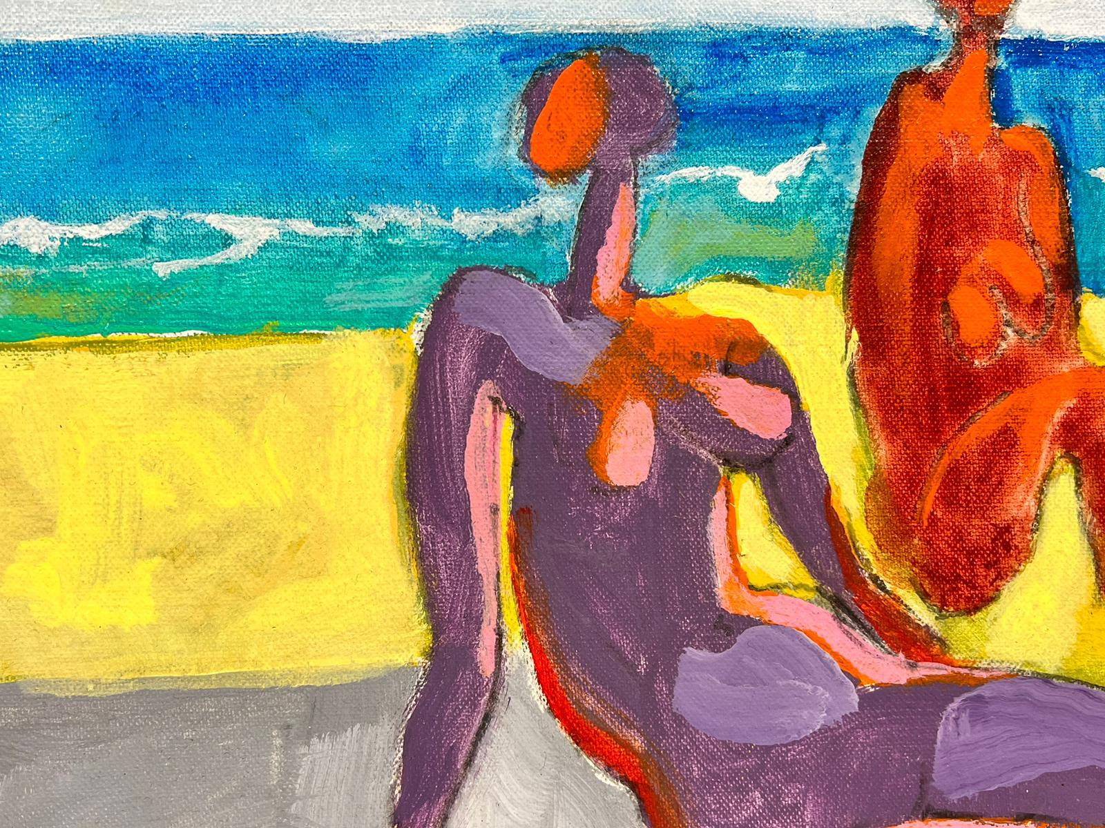 Contemporary Abstract Oil Painting Nude Figures on Sunny Beach, Chilean Artist For Sale 2