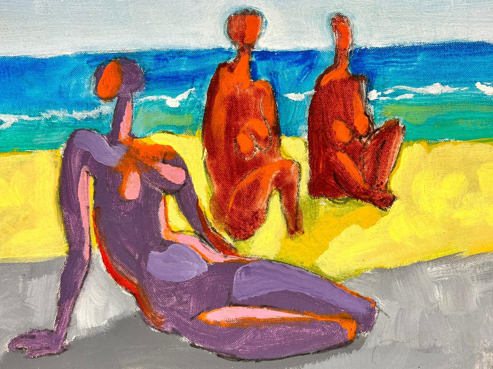 Contemporary Abstract Oil Painting Nude Figures on Sunny Beach, Chilean Artist For Sale 3