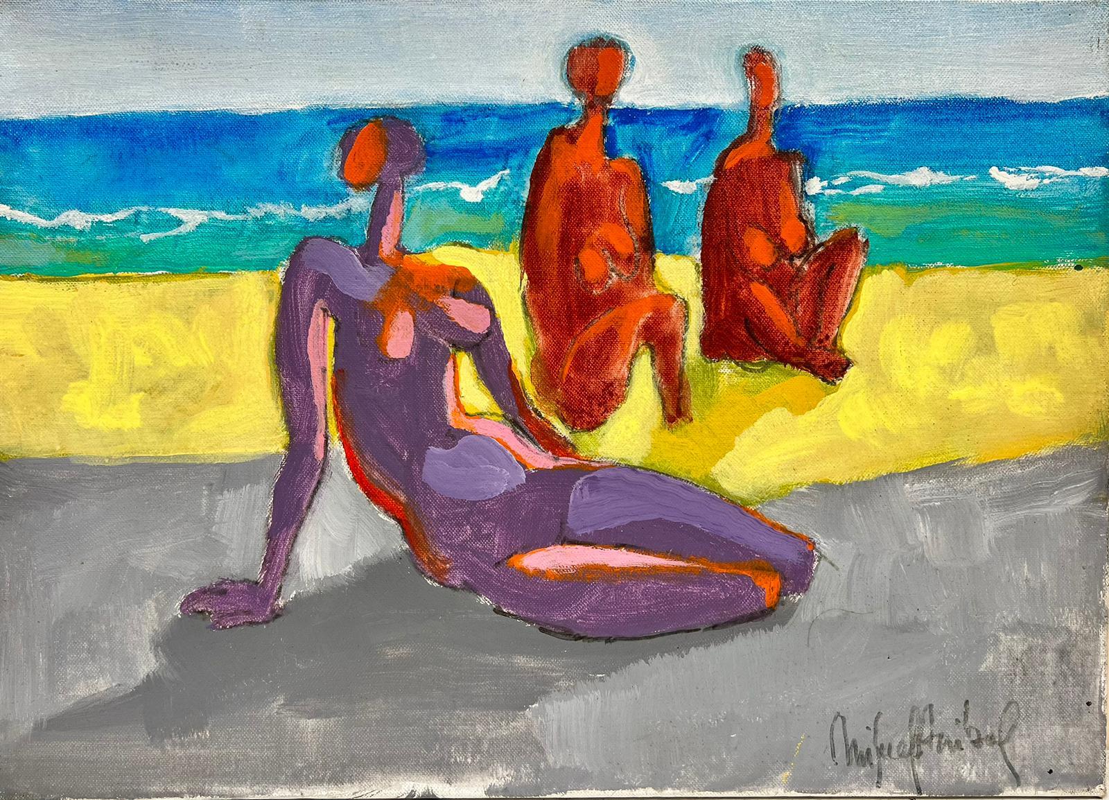 Contemporary Abstract Oil Painting Nude Figures on Sunny Beach, Chilean Artist