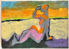 Contemporary Abstract Painting Nude Figure on Beach, Chilean Artist