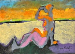 Contemporary Abstract Painting Nude Figure on Beach, Chilean Artist