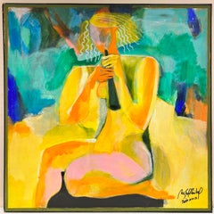 Huge Contemporary Cubist Abstract Painting Female with Flute golden color