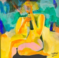 Huge Contemporary Cubist Abstract Painting Female with Flute golden color