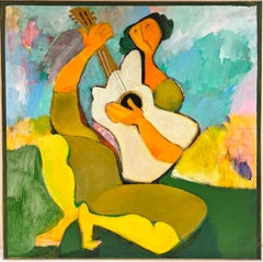Large Contemporary Abstract Painting Female Playing Guitar, Chilean Artist