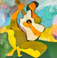 Large Contemporary Abstract Painting Female Playing Guitar, Chilean Artist