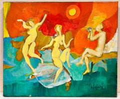 Desnudos Modernistas Bailando al Atardecer Naranja por Artista Francés/ Chileno óleo firmado
