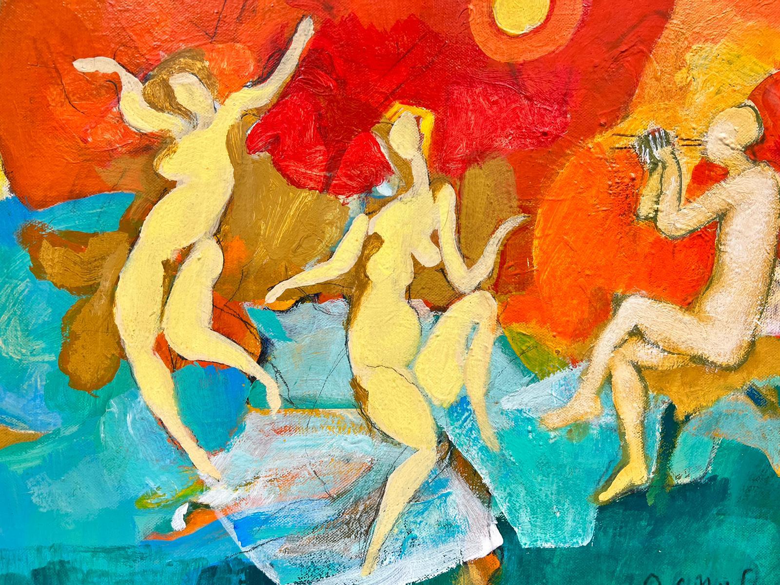 Modernist Dancing Nudes at Orange Sunset by French/ Chilean Artist signed oil  For Sale 1