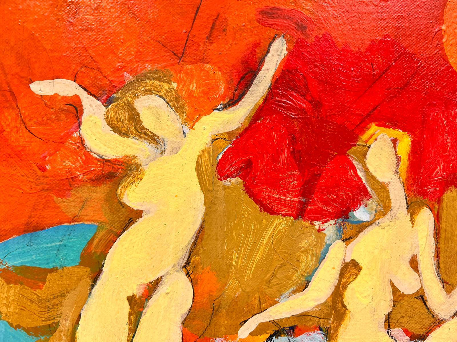 Modernist Dancing Nudes at Orange Sunset by French/ Chilean Artist signed oil  For Sale 2