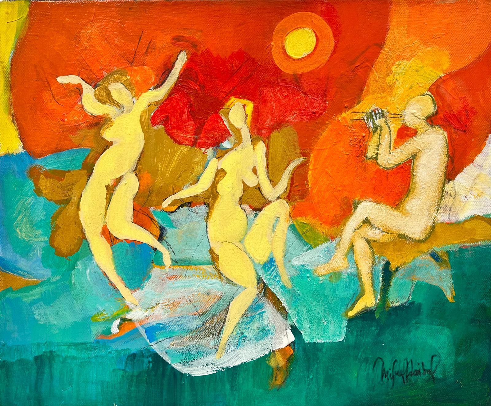 Des nus modernistes dansant au coucher d'un soleil orange par un artiste franais/chlandais sign 