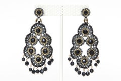 Miguel Ases Black Onyx and Gold Metal Beaded Chandelier Pierced Earrings
