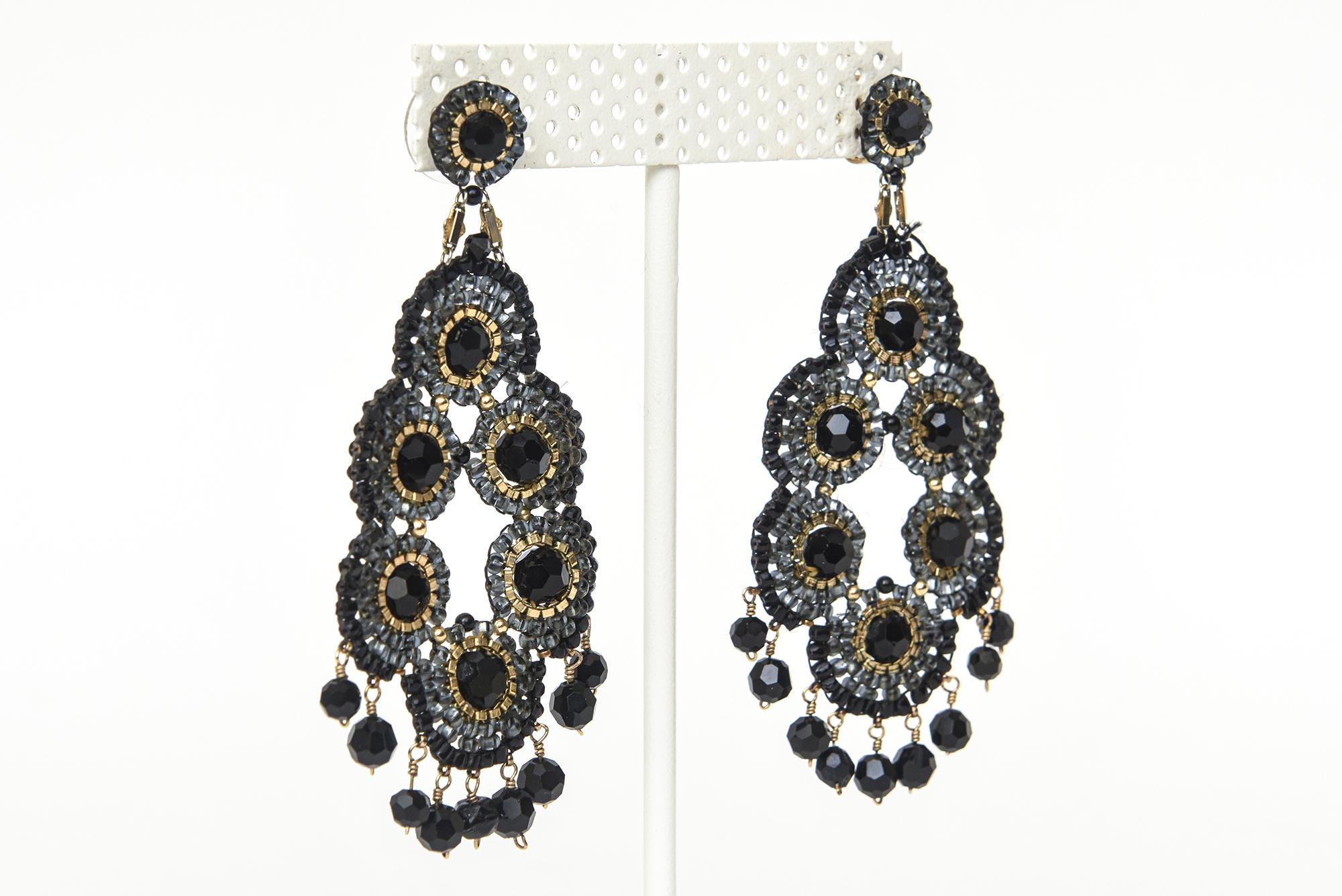 Modern Miguel Ases Black Onyx and Gold Metal Beaded Chandelier Pierced Earrings For Sale