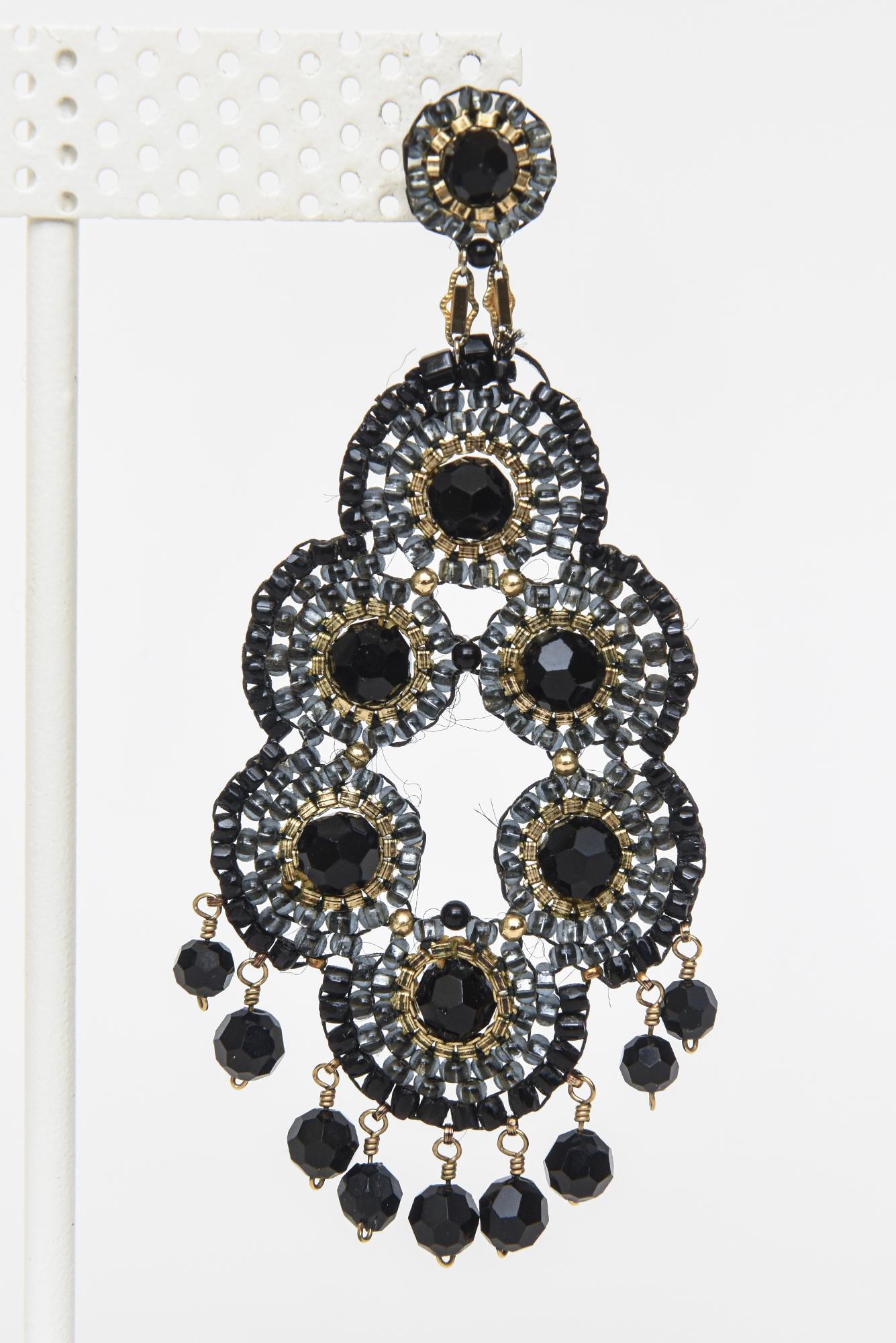 Miguel Ases Black Onyx and Gold Metal Beaded Chandelier Pierced Earrings In Good Condition For Sale In North Miami, FL
