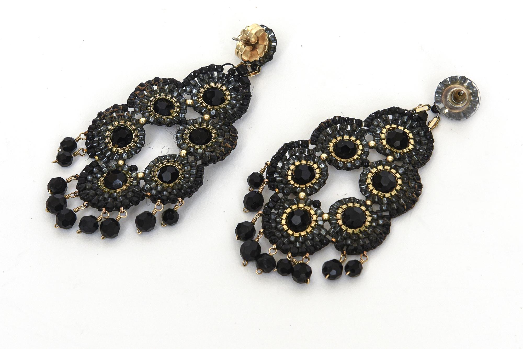 Miguel Ases Black Onyx and Gold Metal Beaded Chandelier Pierced Earrings For Sale 1