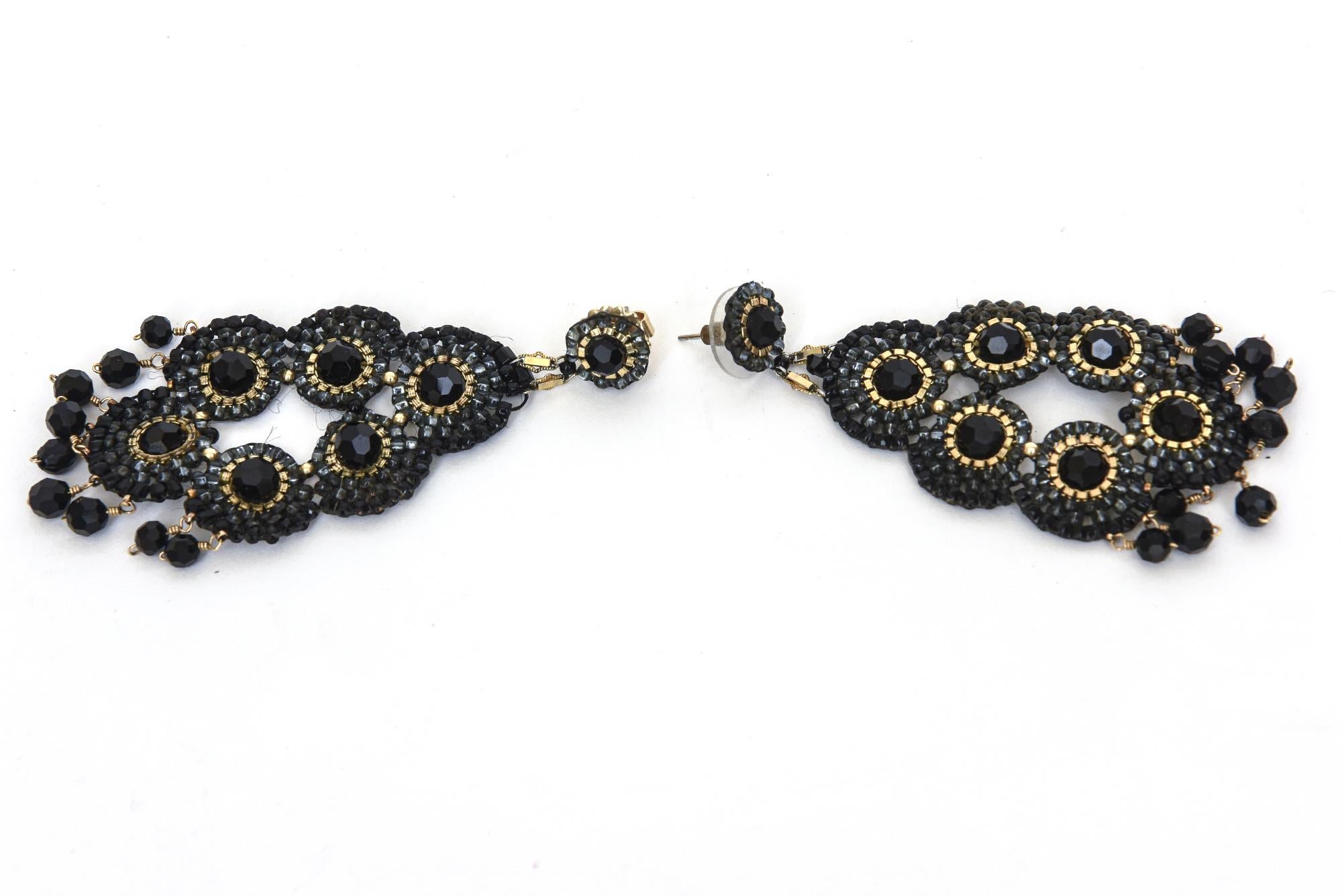 Miguel Ases Black Onyx and Gold Metal Beaded Chandelier Pierced Earrings For Sale 2