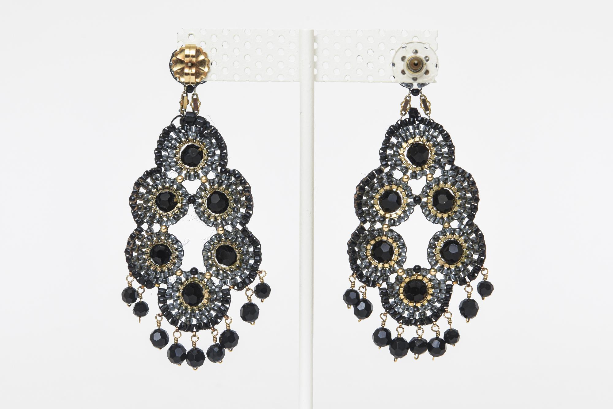 Miguel Ases Black Onyx and Gold Metal Beaded Chandelier Pierced Earrings For Sale 3