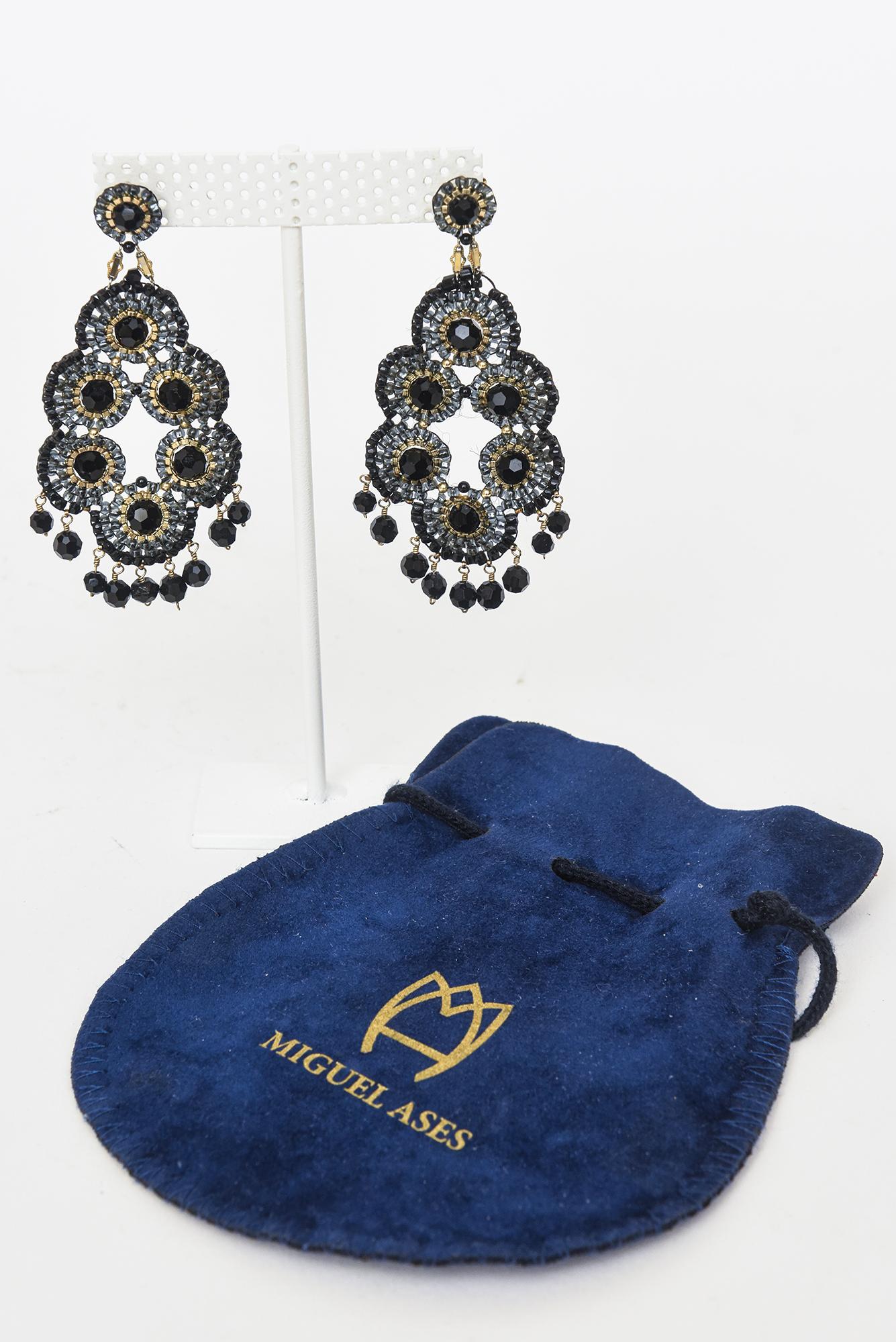 Miguel Ases Black Onyx and Gold Metal Beaded Chandelier Pierced Earrings For Sale 4