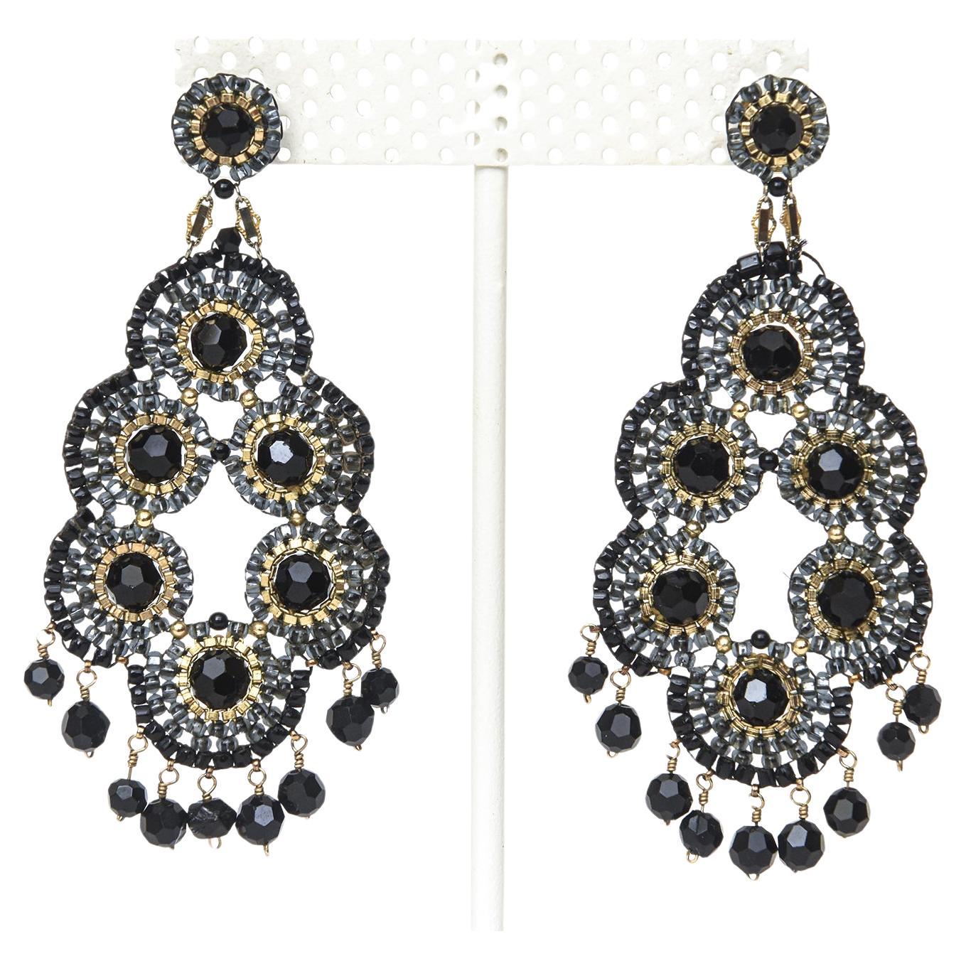Miguel Ases Black Onyx and Gold Metal Beaded Chandelier Pierced Earrings For Sale