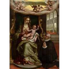 La Vierge à l'Enfant avec un donateur agenouillé, peinture à l'huile ancienne du XVIe siècle